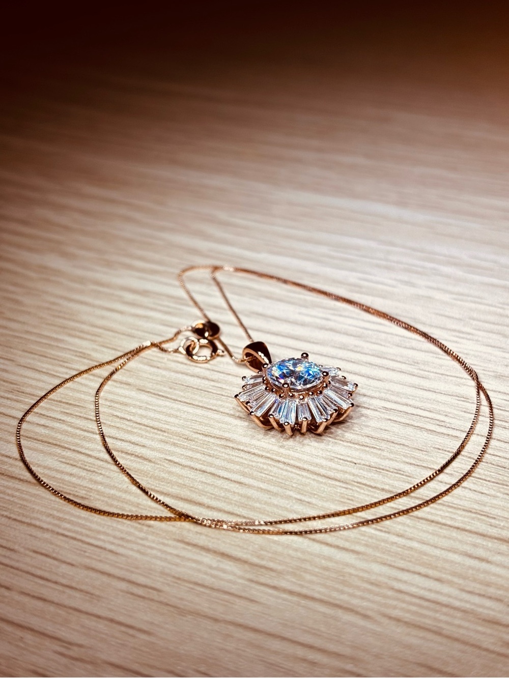 Rose Gold VVS Moissanite Sunburst Halo Solitaire Necklace